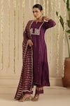 Buy_Gulabik Jaipur_Purple Chanderi, Cotton Embroidery, Beads, Lace Split V-neck Anarkali Set 