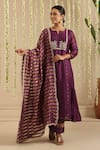 Shop_Gulabik Jaipur_Purple Chanderi, Cotton Embroidery, Beads, Lace Split V-neck Anarkali Set 