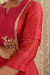 Gulabik Jaipur_Red Chanderi Embroidery, Metallic Thread, Beads, Zari Split V-neck Kurta Set _Online_at_Aza_Fashions