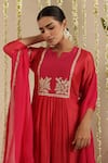 Shop_Gulabik Jaipur_Red Chanderi Embroidery, Metallic Thread, Beads, Zari Split V-neck Kurta Set _Online_at_Aza_Fashions