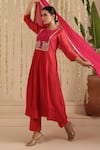 Gulabik Jaipur_Red Chanderi Embroidery, Metallic Thread, Beads, Zari Split V-neck Kurta Set _at_Aza_Fashions