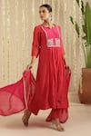 Buy_Gulabik Jaipur_Red Chanderi Embroidery, Metallic Thread, Beads, Zari Split V-neck Kurta Set _at_Aza_Fashions