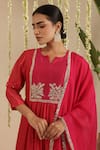 Buy_Gulabik Jaipur_Red Chanderi Embroidery, Metallic Thread, Beads, Zari Split V-neck Kurta Set 