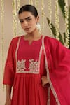 Shop_Gulabik Jaipur_Red Chanderi Embroidery, Metallic Thread, Beads, Zari Split V-neck Kurta Set 