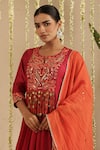 Gulabik Jaipur_Maroon Chanderi, Cotton Embroidery, Mirrors, Tassels, Sequins Round Kurta Set _Online_at_Aza_Fashions