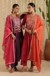 Buy_Gulabik Jaipur_Purple Chanderi, Cotton Embroidery, Mirrors, Tassels Split V-neck Kurta Set _Online_at_Aza_Fashions