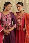 Shop_Gulabik Jaipur_Purple Chanderi, Cotton Embroidery, Mirrors, Tassels Split V-neck Kurta Set _Online