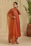 Buy_Gulabik Jaipur_Orange Chanderi, Organza Embroidery, Sequins Split V-neck Kurta Set _at_Aza_Fashions