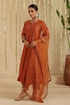 Buy_Gulabik Jaipur_Orange Chanderi, Organza Embroidery, Sequins Split V-neck Kurta Set _Online_at_Aza_Fashions