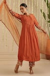 Shop_Gulabik Jaipur_Orange Chanderi, Organza Embroidery, Sequins Split V-neck Kurta Set _Online_at_Aza_Fashions