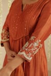 Shop_Gulabik Jaipur_Orange Chanderi, Organza Embroidery, Sequins Split V-neck Kurta Set 