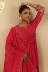 Buy_Gulabik Jaipur_Pink Chanderi, Organza Embroidery, Sequins, Zari Split V-neck Hot Kurta Set _Online_at_Aza_Fashions