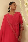 Shop_Gulabik Jaipur_Pink Chanderi, Organza Embroidery, Sequins, Zari Split V-neck Hot Kurta Set _Online_at_Aza_Fashions
