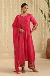 Buy_Gulabik Jaipur_Pink Chanderi, Organza Embroidery, Sequins, Zari Split V-neck Hot Kurta Set _at_Aza_Fashions