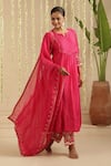 Gulabik Jaipur_Pink Chanderi, Organza Embroidery, Sequins, Zari Split V-neck Hot Kurta Set _Online