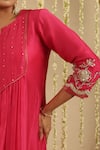 Buy_Gulabik Jaipur_Pink Chanderi, Organza Embroidery, Sequins, Zari Split V-neck Hot Kurta Set _Online