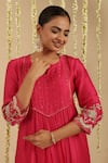 Shop_Gulabik Jaipur_Pink Chanderi, Organza Embroidery, Sequins, Zari Split V-neck Hot Kurta Set _Online