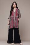Ritu Kumar_Red Viscose, Crepe Split V-neck, Mandarin Collar Cairo Tribal Print Tunic _Online_at_Aza_Fashions