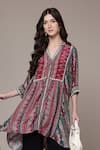 Ritu Kumar_Red Viscose, Crepe Split V-neck, Mandarin Collar Cairo Tribal Print Tunic _at_Aza_Fashions