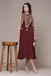 Buy_Ritu Kumar_Wine Viscose Chinon Chiffon Tassels Cascade Dress With Scarf _at_Aza_Fashions