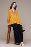 Ritu Kumar_Mustard Cotton, Voile Embroidery, Beads Split Dari A-line Full Sleeves Tunic _Online_at_Aza_Fashions