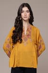 Buy_Ritu Kumar_Mustard Cotton, Voile Embroidery, Beads Split Dari A-line Full Sleeves Tunic _at_Aza_Fashions