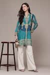 Ritu Kumar Teal Viscose Mandarin Collar, V-neck Tribal Print Full Sleeve Shirt Online at Aza Fashions Ritu Kumar_Teal Viscose Mandarin Collar, V-neck Tribal Print Full Sleeve Shirt _Online_at_Aza_Fashions