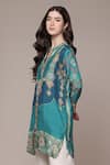 Shop Ritu Kumar Teal Viscose Mandarin Collar, V-neck Tribal Print Full Sleeve Shirt Online at Aza Fashions Shop_Ritu Kumar_Teal Viscose Mandarin Collar, V-neck Tribal Print Full Sleeve Shirt _Online_at_Aza_Fashions