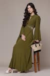Ritu Kumar_Olive Green Crepe Embroidery High Dari Key Full Sleeves Jumpsuit _Online_at_Aza_Fashions