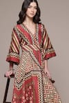 Ritu Kumar_Maroon Chanderi V-neck Geo Tribe Geometric Print Fit And Flare Dress _Online_at_Aza_Fashions