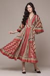 Buy_Ritu Kumar_Maroon Chanderi V-neck Geo Tribe Geometric Print Fit And Flare Dress 