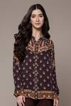 Buy_Ritu Kumar_Brown Viscose, Crepe Collared Geometric Print Full Sleeve Shirt _at_Aza_Fashions