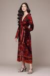 Shop_Ritu Kumar_Maroon Velvet, Silk V-neck Floral Fit And Flare Dress _Online_at_Aza_Fashions