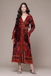 Buy_Ritu Kumar_Maroon Velvet, Silk V-neck Floral Fit And Flare Dress _at_Aza_Fashions