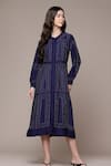 Buy_Ritu Kumar_Navy Embroidery Mandarin Collar Stitch Geometric Fit And Flare Dress _Online_at_Aza_Fashions