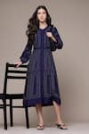 Buy_Ritu Kumar_Navy Embroidery Mandarin Collar Stitch Geometric Fit And Flare Dress _at_Aza_Fashions