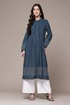 Buy Ritu Kumar Blue Cotton, Jacquard Embroidery Mandarin Syeta Solid Pleated Band A-line Kurta at Aza Fashions Buy_Ritu Kumar_Blue Cotton, Jacquard Embroidery Mandarin Syeta Solid Pleated Band A-line Kurta _at_Aza_Fashions