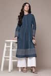 Buy Ritu Kumar Blue Cotton, Jacquard Embroidery Mandarin Syeta Solid Pleated Band A-line Kurta Online at Aza Fashions Buy_Ritu Kumar_Blue Cotton, Jacquard Embroidery Mandarin Syeta Solid Pleated Band A-line Kurta _Online_at_Aza_Fashions