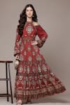 Buy_Ritu Kumar_Rust Viscose Chinon Chiffon Tapti Botanic Print Fit And Flare Full Sleeve Dress _at_Aza_Fashions