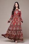 Buy_Ritu Kumar_Rust Viscose Chinon Chiffon Tapti Botanic Print Fit And Flare Full Sleeve Dress _Online_at_Aza_Fashions
