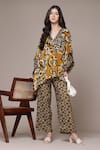 Buy_Ritu Kumar_Mustard Viscose, Crepe Tesha Tribal Print Asymmetric Kaftan Top And Pant Set _at_Aza_Fashions
