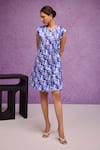 Buy_Tara And I_Blue Silk Round Neck Aquarelle Print Jacket Dress _at_Aza_Fashions