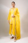 Buy_Archana Shah_Yellow Embroidery, Lace, Fringe Split V-neck Butta Short Kurta Set _Online_at_Aza_Fashions