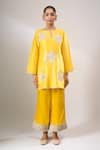 Archana Shah_Yellow Embroidery, Lace, Fringe Split V-neck Butta Short Kurta Set _at_Aza_Fashions