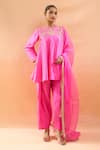Shop_Archana Shah_Pink Embroidery, Metallic Thread, Piping Round Neck Peplum Kurta Set _Online_at_Aza_Fashions