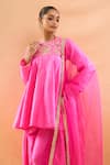 Archana Shah_Pink Embroidery, Metallic Thread, Piping Round Neck Peplum Kurta Set _at_Aza_Fashions