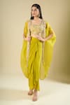 Buy_Prisho_Lime Embroidery, Zari Open , Square Green Cape And Draped Skirt Set _Online_at_Aza_Fashions