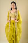 Shop_Prisho_Lime Embroidery, Zari Open , Square Green Cape And Draped Skirt Set _Online_at_Aza_Fashions