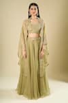 Buy_Prisho_Green Sequins, Beads, Embroidery, Tassels Open , Round Cape Skirt Set _at_Aza_Fashions