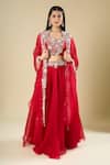 Buy Prisho Red Beads, Sequins, Stones, Embroidery Open , Square Cape Skirt Set at Aza Fashions Buy_Prisho_Red Beads, Sequins, Stones, Embroidery Open , Square Cape Skirt Set _at_Aza_Fashions